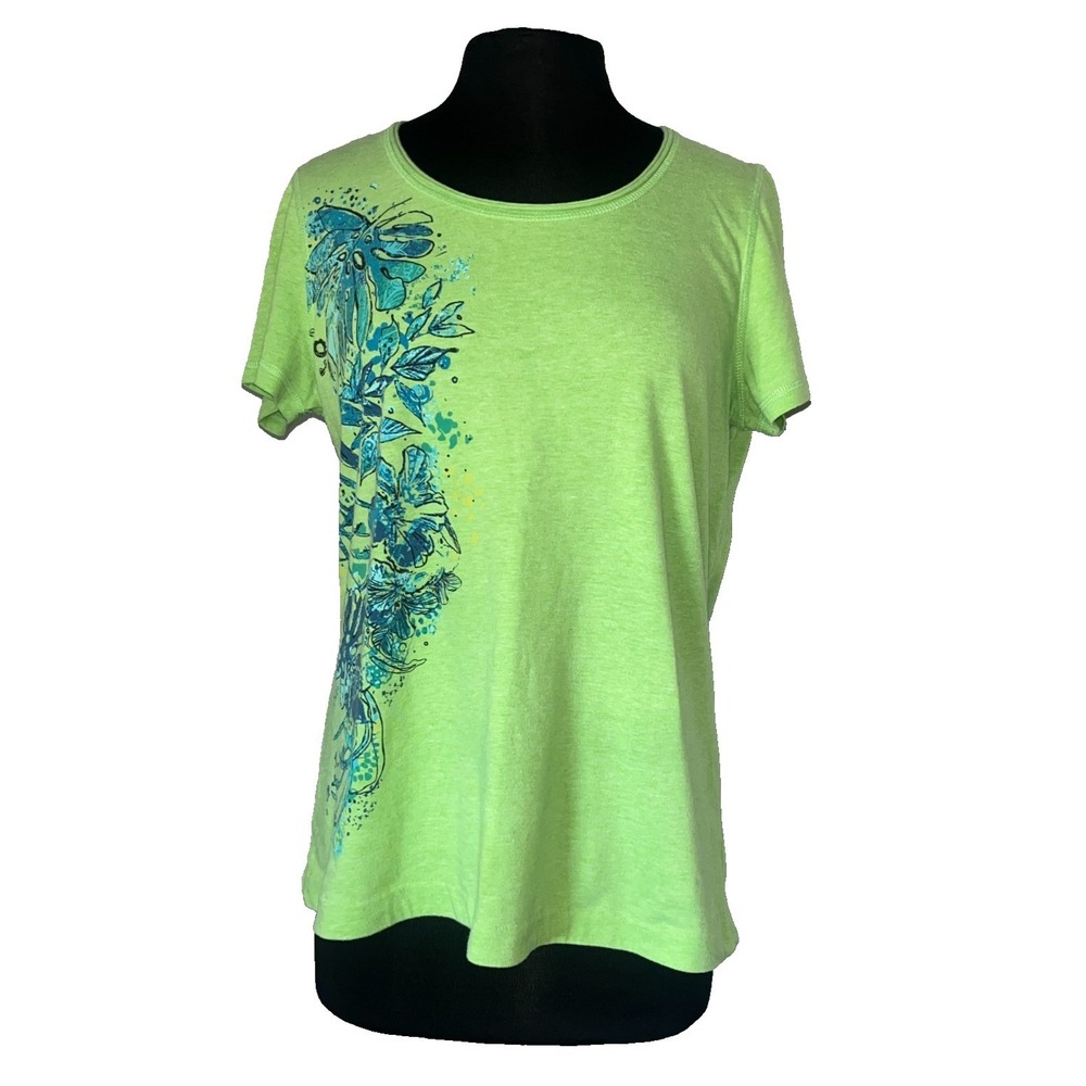 Lime Green Short Sleeve T Shirt Floral Blue Womens Large SB Active